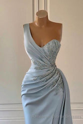 One shoulder blue Semi Formal Prom dress in mermaid pleats